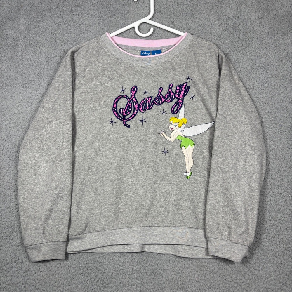 Disney Sweatshirt Womens XL Grey Tinkerbell Sassy Leopard Print Fleece Pullover